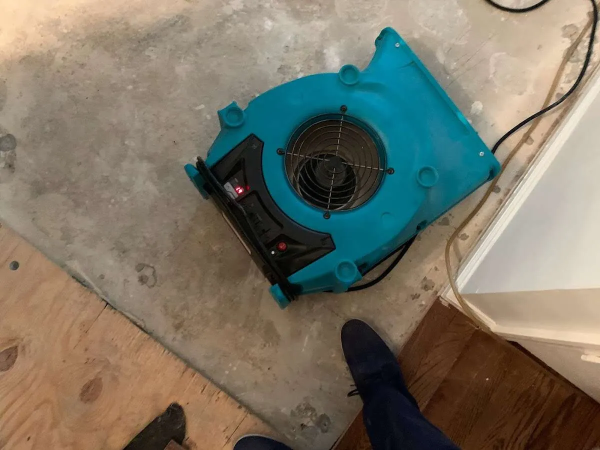 Air mover drying subfloor during Leak Detection & Repair in Romeoville